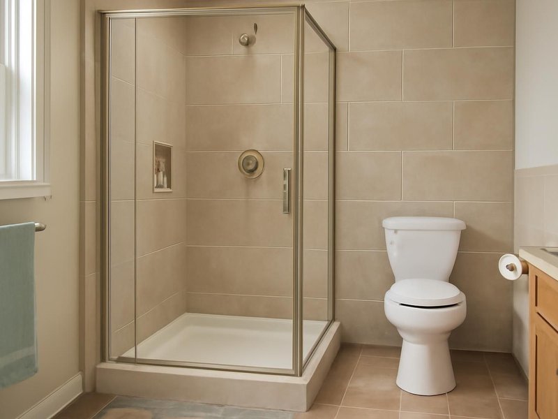 AI concept: Existing condition: shower stall with a 6-inch curb and a narrow glass door