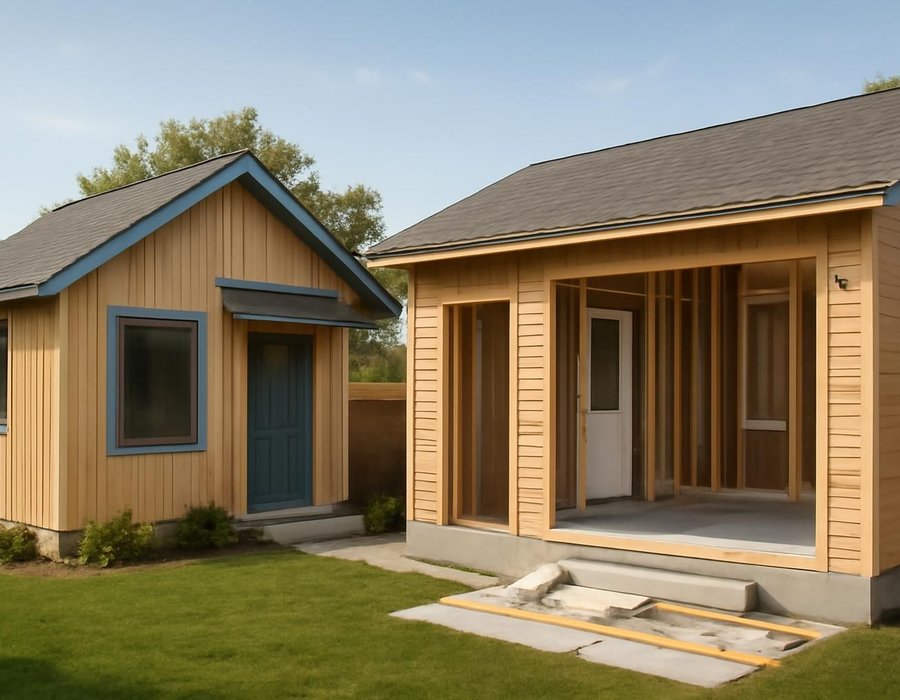 AI concept: Detached backyard cottage ADU beside an ADU attached to the side of a house