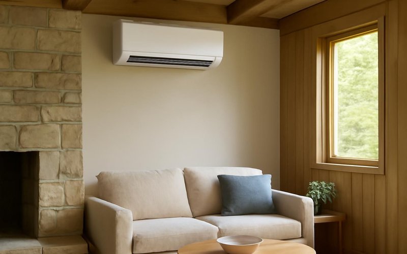 AI concept: Ductless heat pump in a small living room