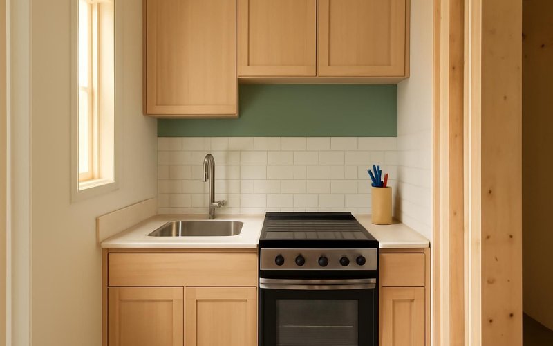 AI concept: Compact ADU kitchen with apartment-size range