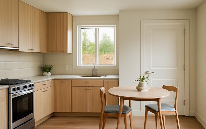 AI concept: Finished ADU kitchen with a small dining table