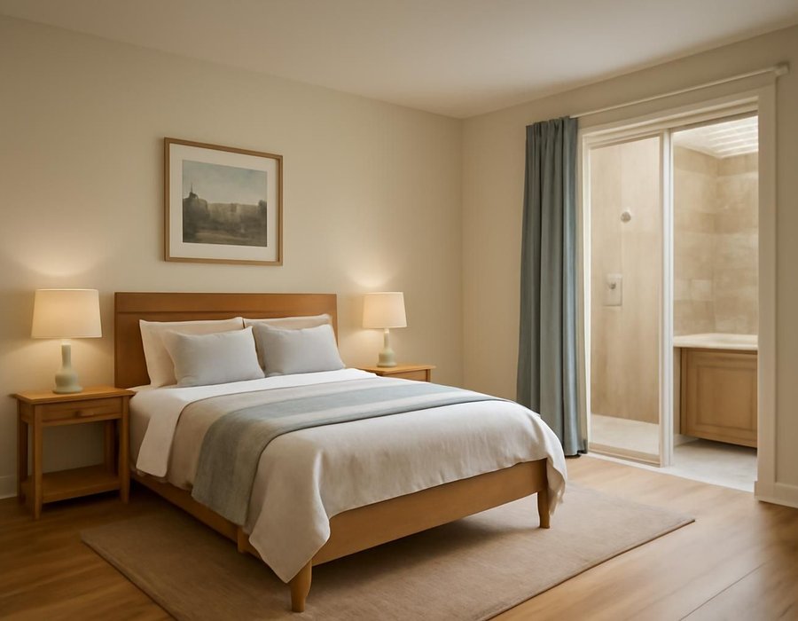 AI concept: A main-floor den converted into a bedroom next to a new curbless bathroom