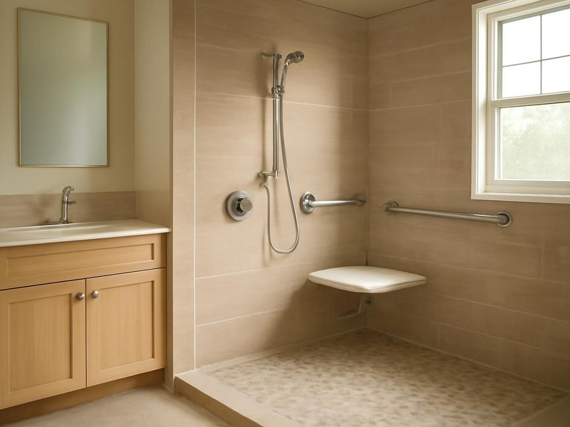 AI concept: Remodeled idea: curbless shower with a fold-down seat and a handheld shower