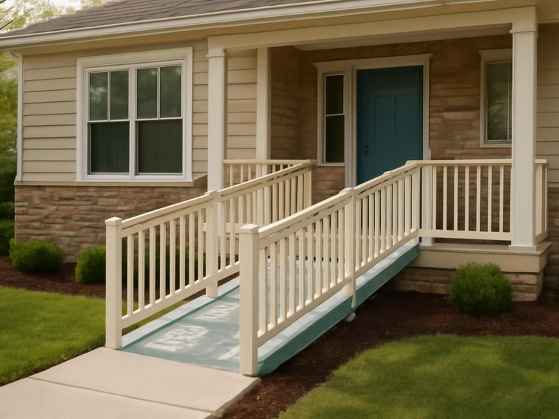 AI concept: Remodeled idea: gentle ramp with rails on both sides, painted to match the porch