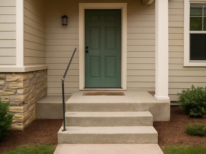 AI concept: Existing condition: three concrete steps to the front door with one loose rail