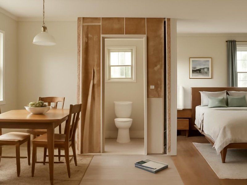 AI concept: Existing condition: dining room next to a half bath, bedroom upstairs