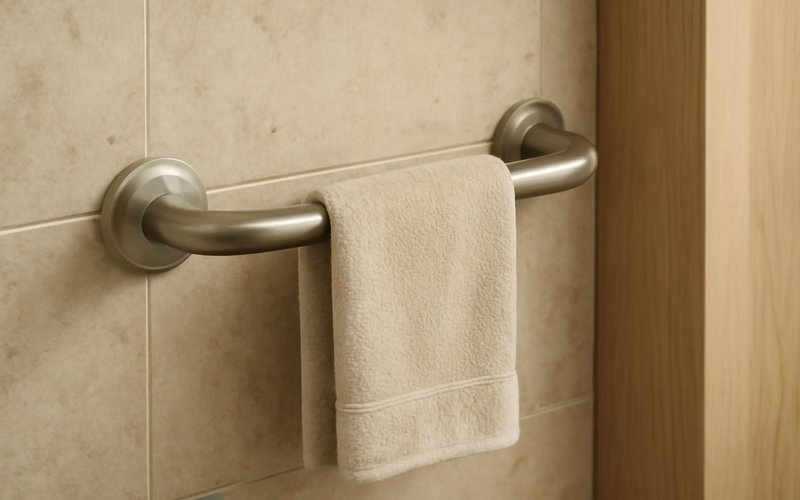 AI concept: Brushed nickel grab bar doubling as a towel bar