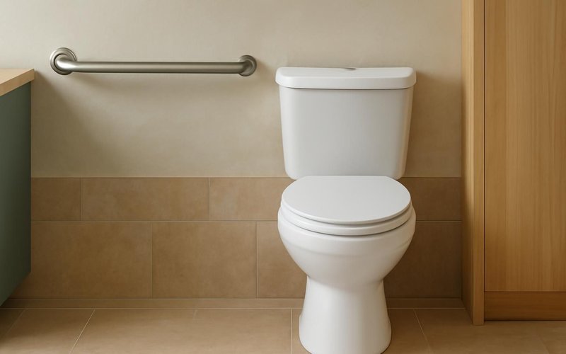 AI concept: Comfort-height toilet next to a grab bar