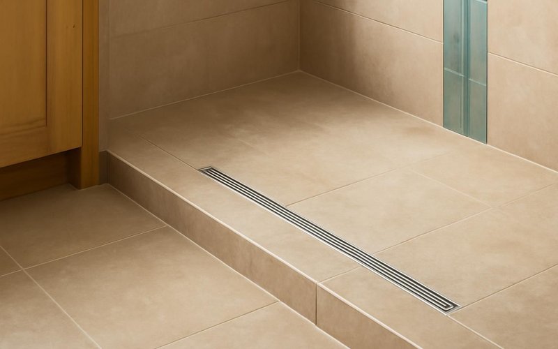 AI concept: Curbless shower entry with a linear drain