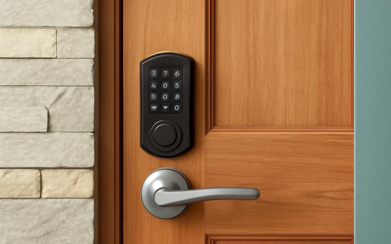AI concept: Lever door handle and keypad lock on a front door