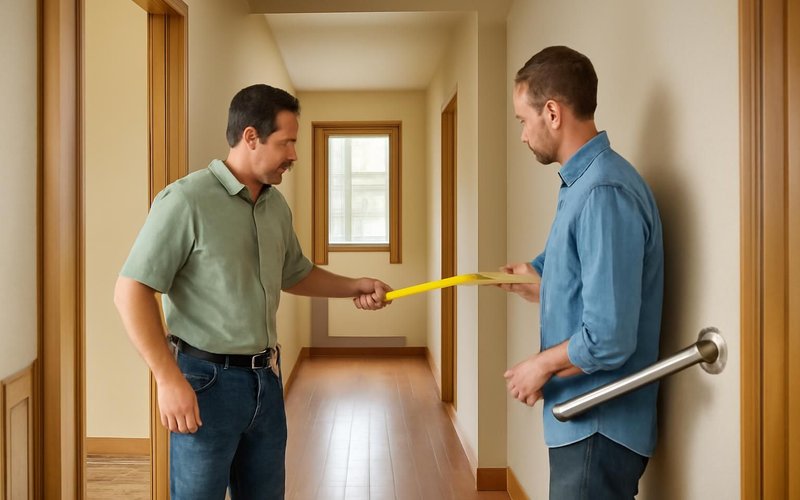 AI concept: Supervisor measuring a hallway with a homeowner