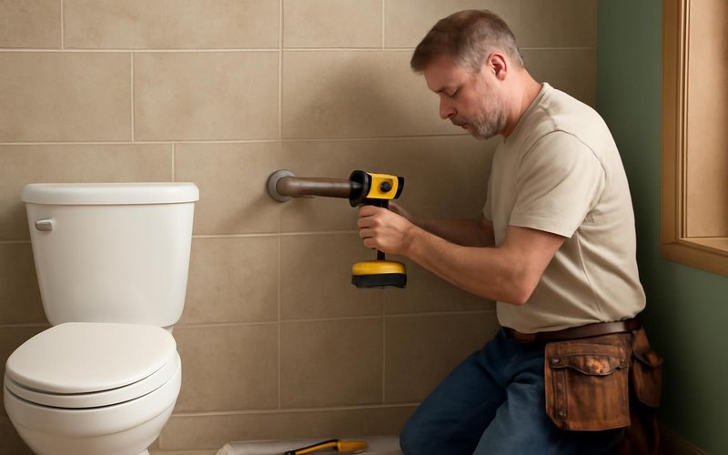 AI concept: Installer mounting a grab bar beside a toilet