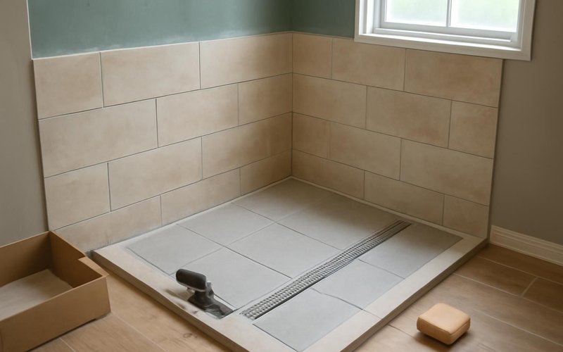 AI concept: Curbless shower being tiled with a linear drain