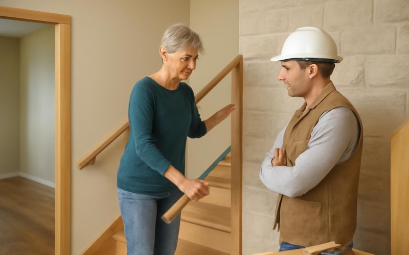 AI concept: Homeowner testing a new handrail with the supervisor