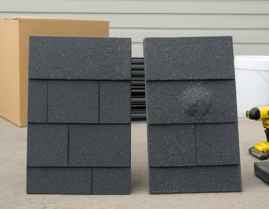 AI concept: Standard architectural shingle beside a Class 4 impact-rated shingle after a hail test