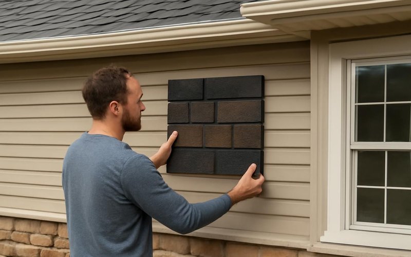 AI concept: Homeowner comparing shingle sample boards against siding