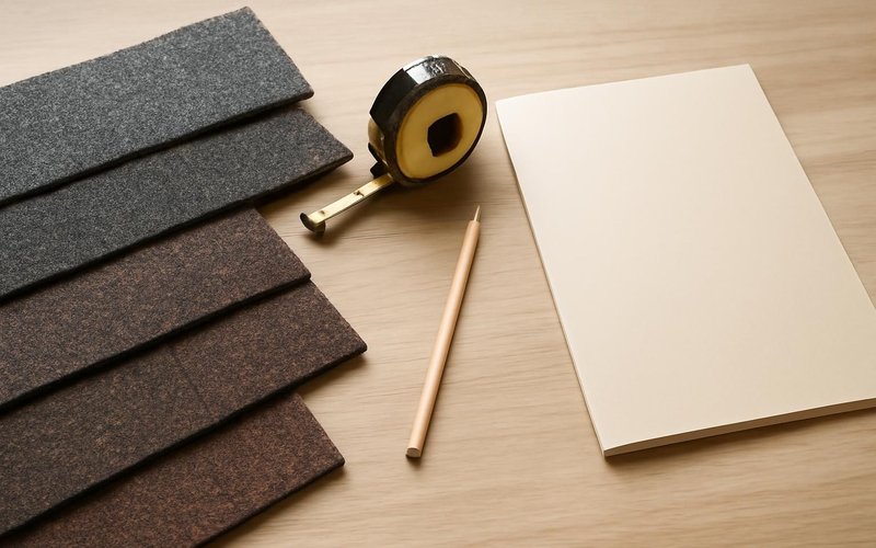 AI concept: A natural close photograph of a remodeling planning worktable for asphalt shingle roofing with appropriate unmarked material samples, pencil, tape measure and a completely blank closed folder. No drawings or paper with markings
