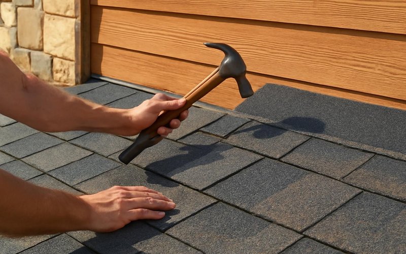 AI concept: Roofer nailing architectural shingles in a straight course