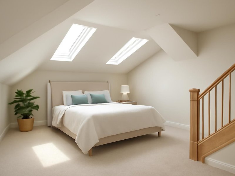 AI concept: Remodeled idea: bright bedroom with a real stair, skylights and carpet