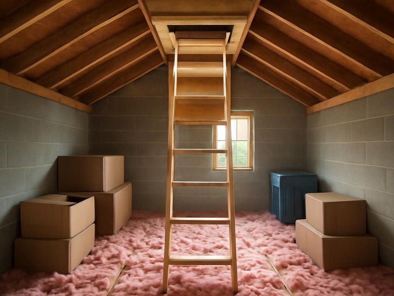 AI concept: Existing condition: attic reached by a pull-down ladder, pink insulation and boxes