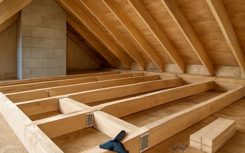 AI concept: Attic floor joists being reinforced