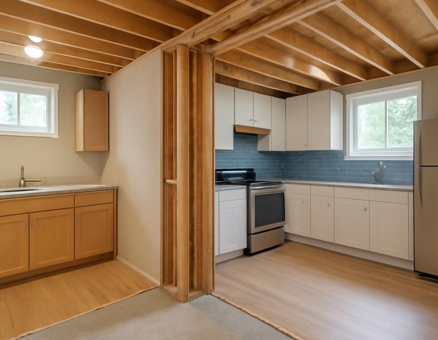 AI concept: Basement in-law suite with a kitchenette beside a legal basement apartment with a full kitchen