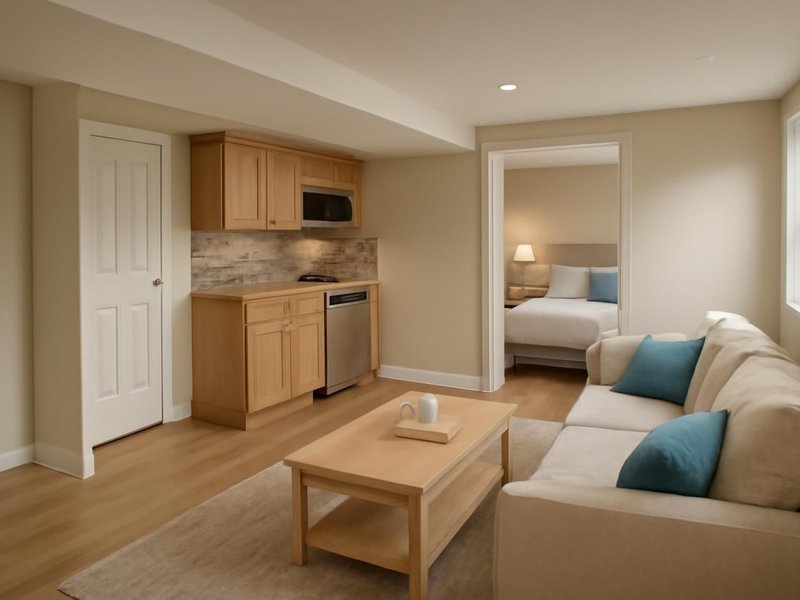 AI concept: Remodeled idea: in-law suite with a sitting room, kitchenette and bedroom