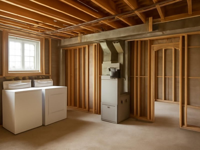 AI concept: Existing condition: open basement with a laundry corner and a furnace