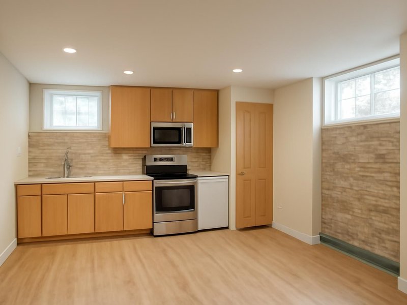 AI concept: Remodeled idea: legal apartment with a full kitchen and two egress windows