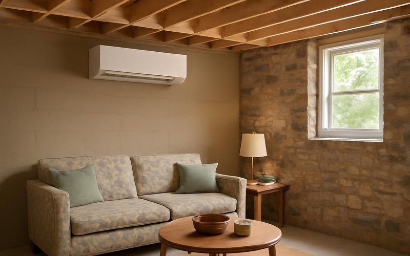 AI concept: Ductless mini-split unit in a basement living room