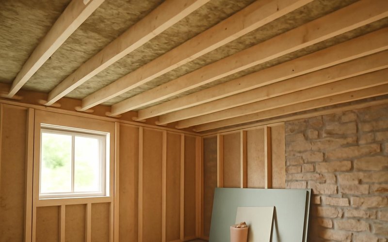 AI concept: Mineral wool sound insulation between ceiling joists