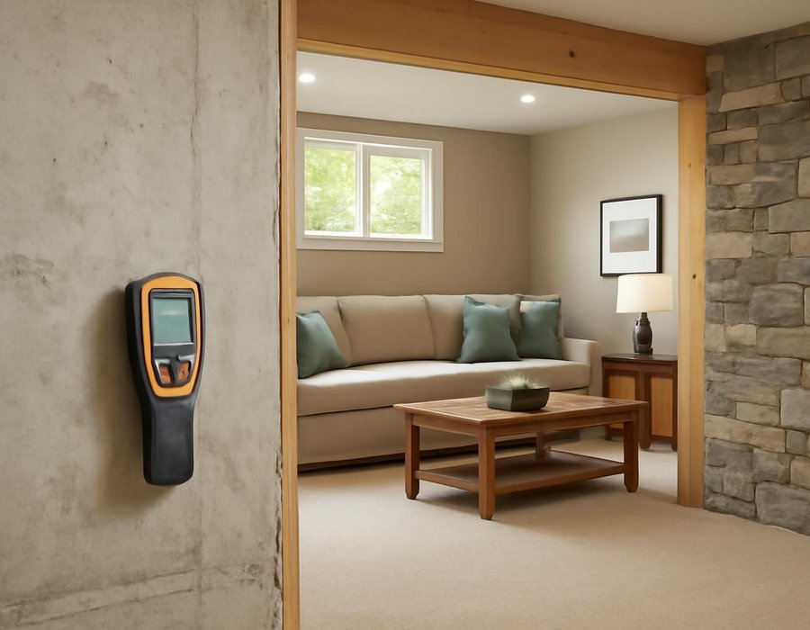 AI concept: Moisture meter reading on a bare basement wall next to a finished basement family room
