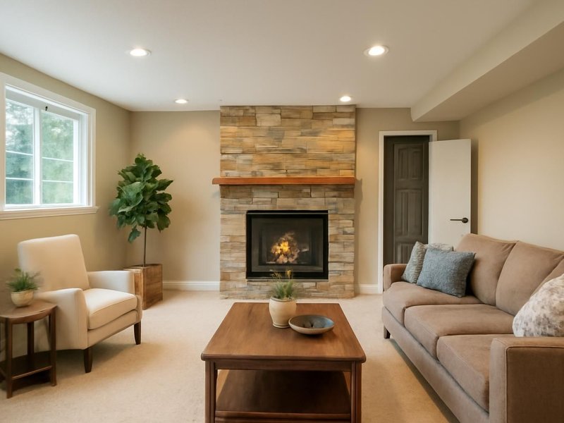 AI concept: Remodeled idea: family room with a drywall ceiling and a closet around the furnace