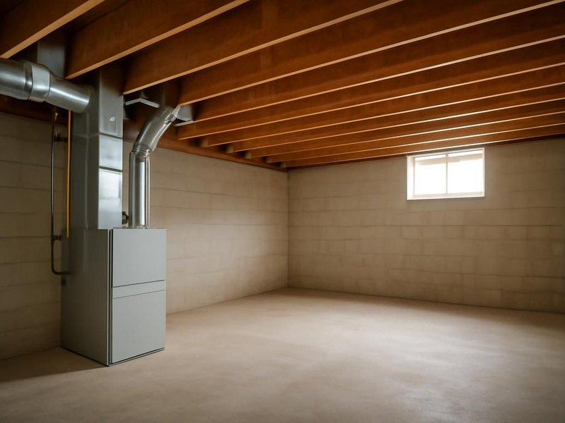 AI concept: Existing condition: bare concrete basement with exposed joists and a furnace