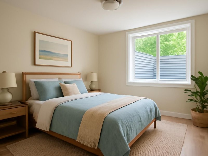 AI concept: Remodeled idea: guest bedroom with a full egress window and window well