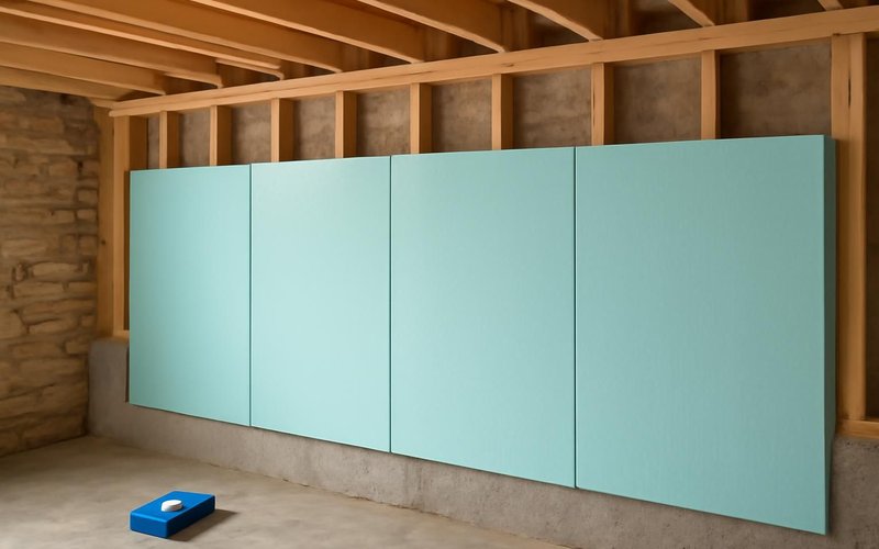 AI concept: Rigid foam insulation boards on a foundation wall