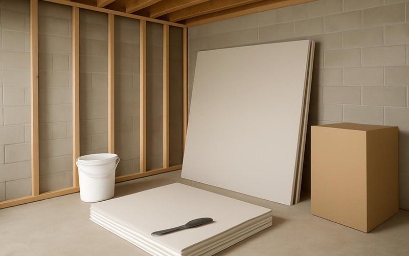 Mold-resistant drywall panels in a basement