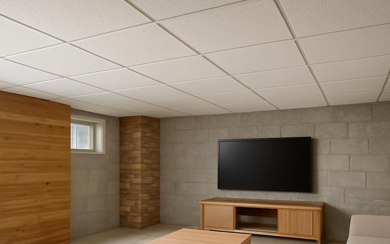 AI concept: Drop ceiling tiles in a basement media room