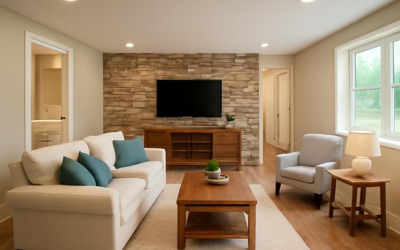 AI concept: Finished basement family room at the walkthrough