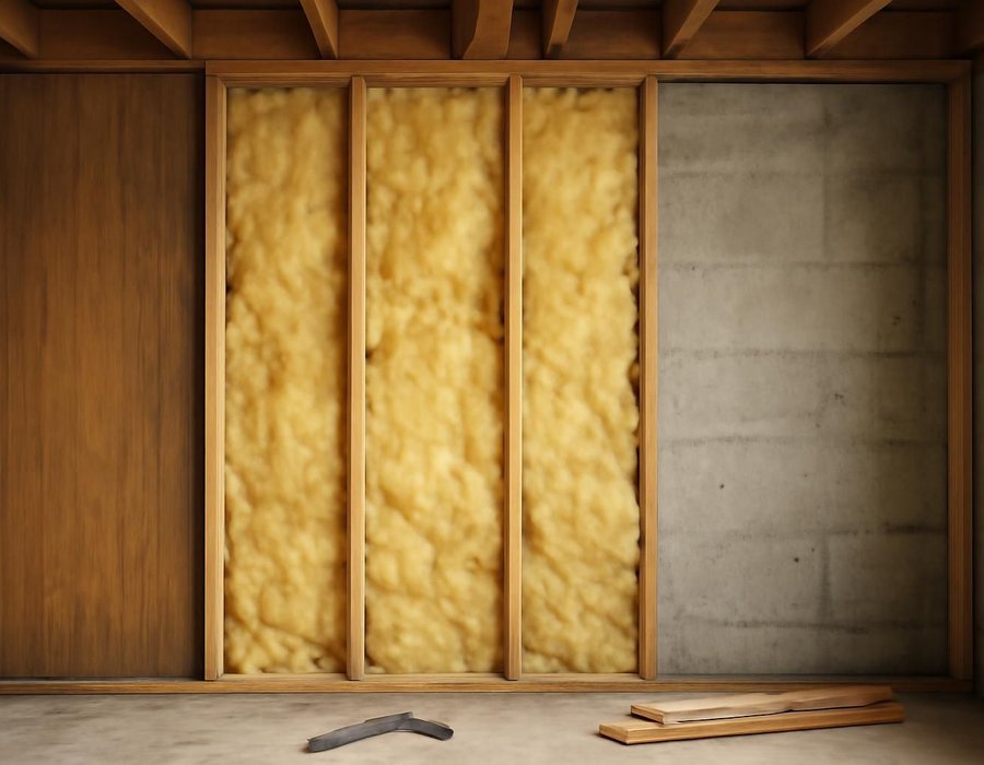 AI concept: Old wood paneling pulled back to show damp fiberglass insulation against a concrete wall