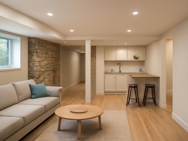 AI concept: Remodeled idea: smooth drywall ceiling with recessed LED lights