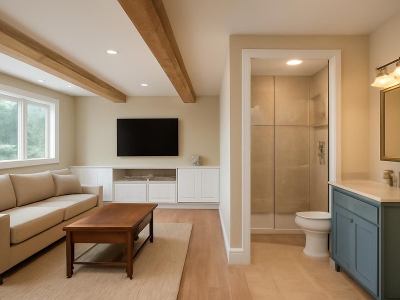 AI concept: Remodeled idea: open family room and a rebuilt bathroom with a walk-in shower