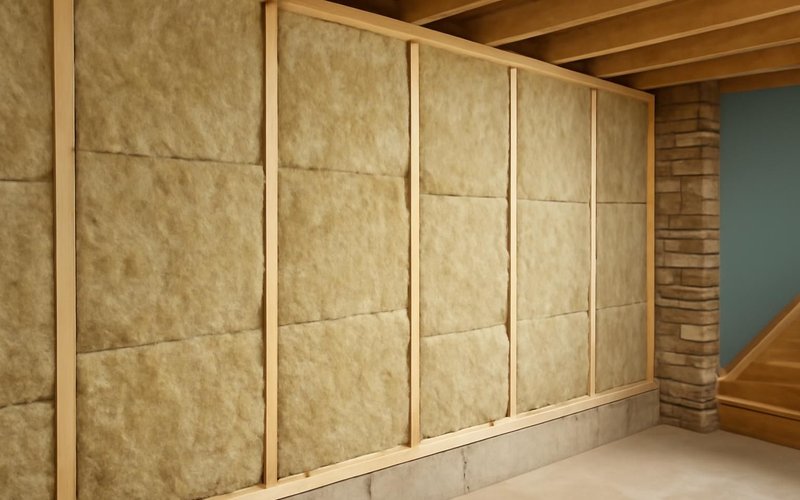 AI concept: Mineral wool insulation board on a basement wall