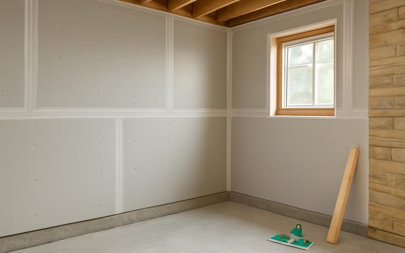 AI concept: Paperless drywall installed in a basement