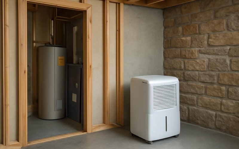 AI concept: Whole-basement dehumidifier near a utility room