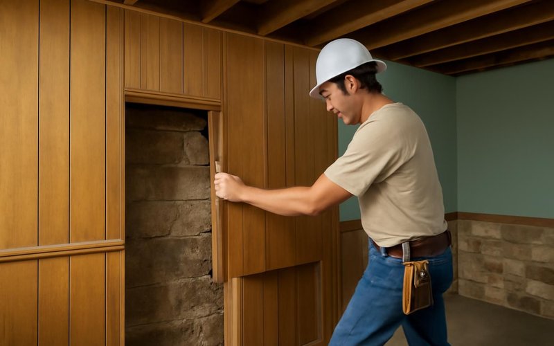 AI concept: Supervisor opening a small section of old basement paneling