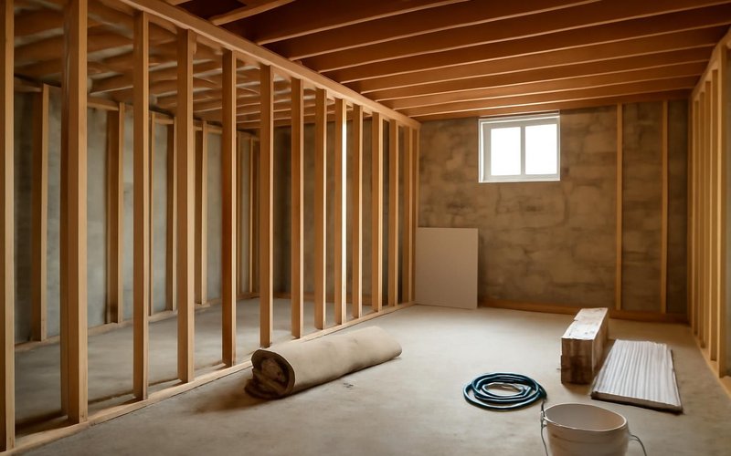 AI concept: Basement stripped to the studs with old carpet removed