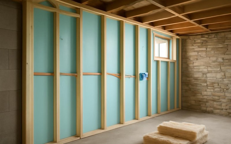 AI concept: New rigid insulation and wiring in a basement remodel