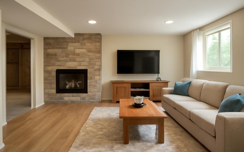AI concept: Remodeled basement family room with new flooring