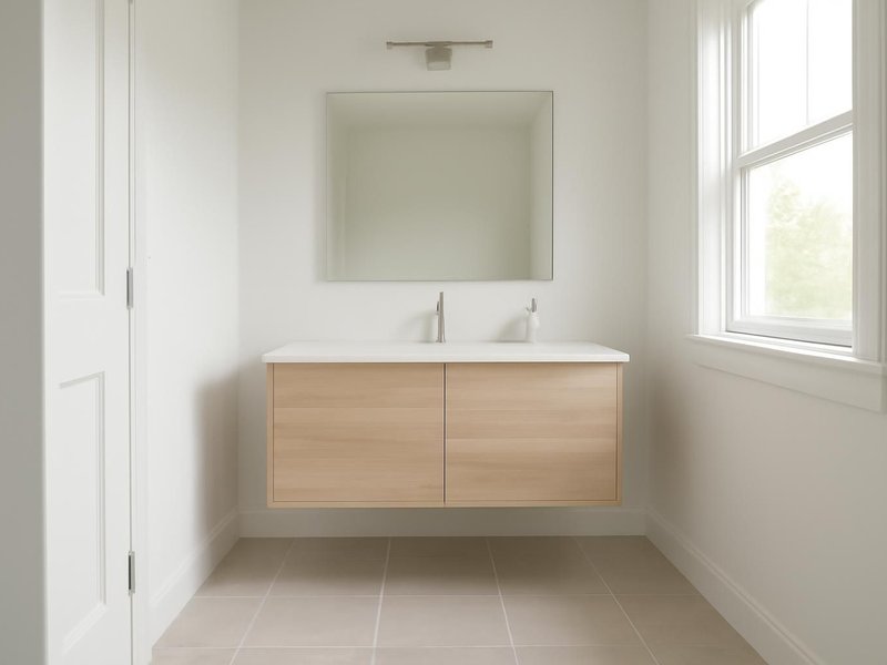 AI concept: Remodeled idea: bright bathroom with a floating vanity and large porcelain floor tile